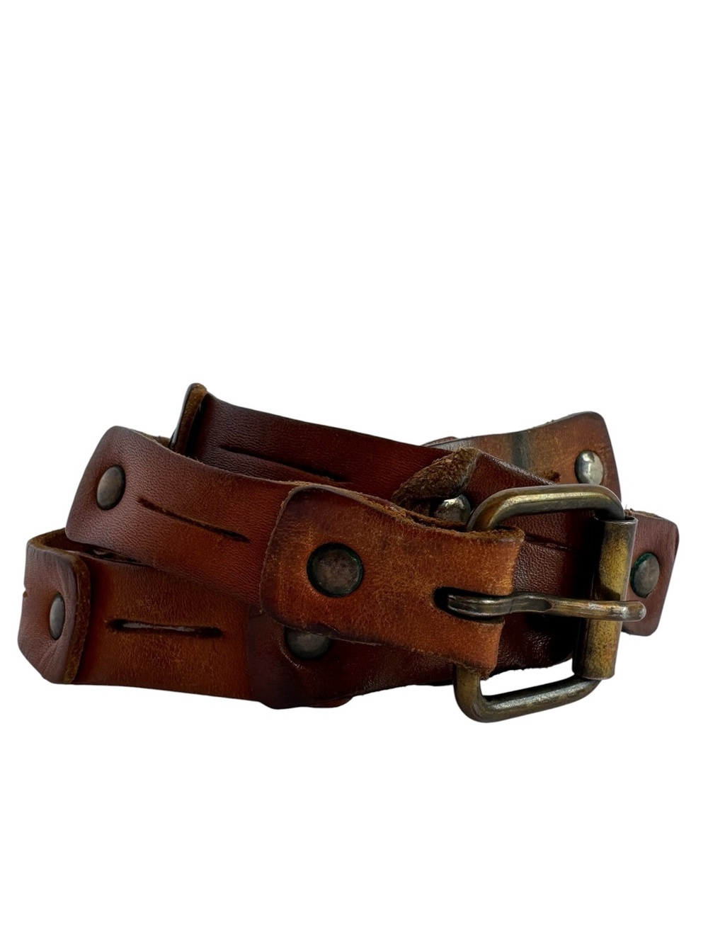 Distressed Brown Leather Belt Womens L/XL Segmented Western Boho Rivet Worn In